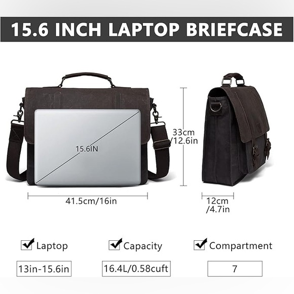 Kasqo Messenger Mens Vintage Waxed Canvas Water-Resistant Laptop Briefcase Bag - Picture 2 of 7